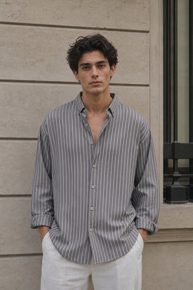 Men's Gray Striped Long Sleeve Linen Look Oversize Shirt