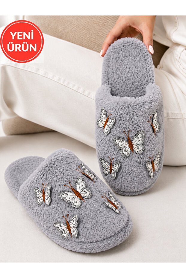 Gray Butterfly Embroidered Plush House Slippers Soft Sole Warm House Slippers Stc1339
