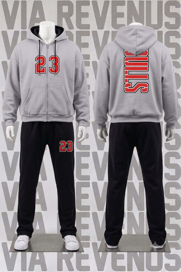 Bulls Printed Zipper Hooded Tracksuit Set - Relaxed Fit 3-Thread Zipper Sweatshirt and Sweatpants Set