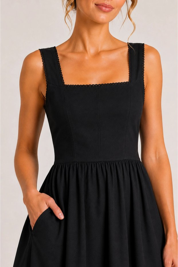 Women's Black Lace Detailed Square Collar Zipper Pocket Poplin Midi Dress