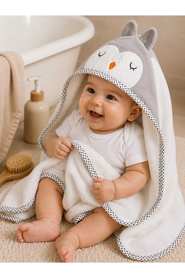 100% Cotton Cute Penguin Embroidered Swaddle Baby Bath Towel