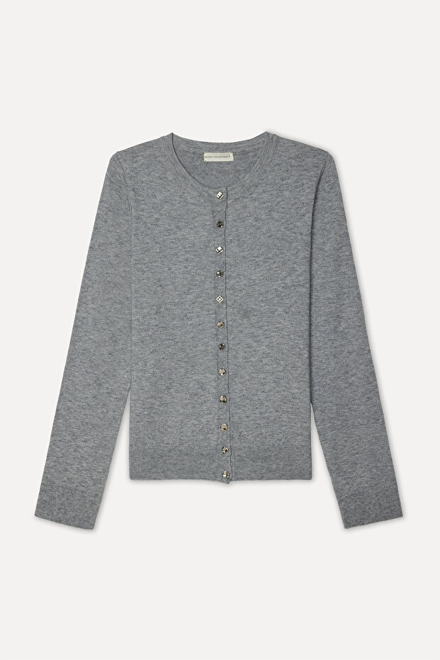 Women's Gray Melange Crew Neck Cardigan