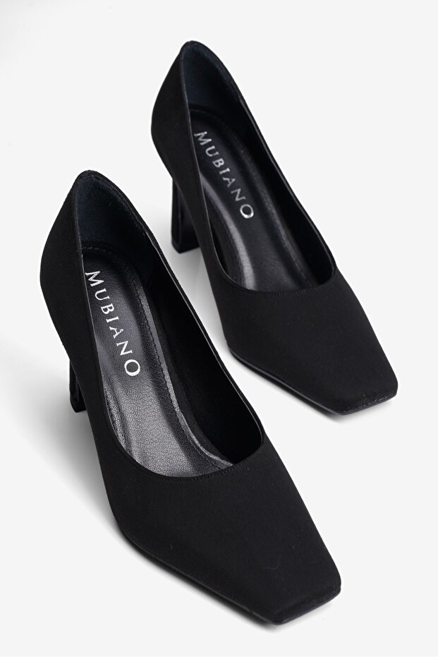 Women's Suede Heeled Shoes Square Toe Stiletto Naya Black
