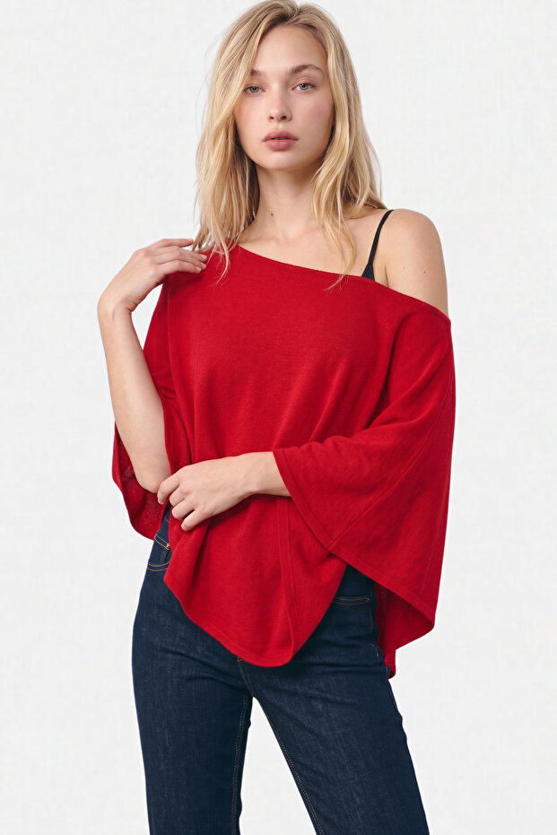 Women's Red Poncho Off-Shoulder Blouse Made of 97% Cotton Fabric