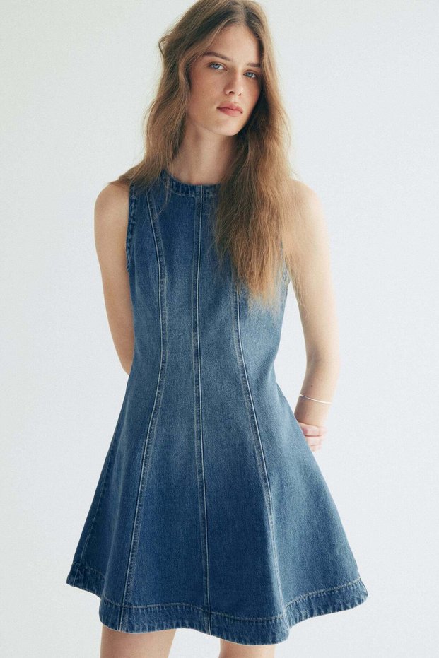 Flared-skirt denim dress