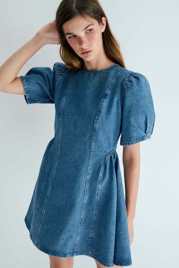 Flared-skirt denim dress