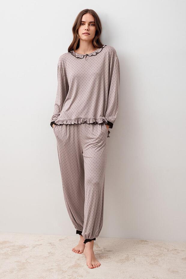 Long Sleeve Polka Dot Lace Trim Elastic Cuffs Lycra Viscose Pajama Set
