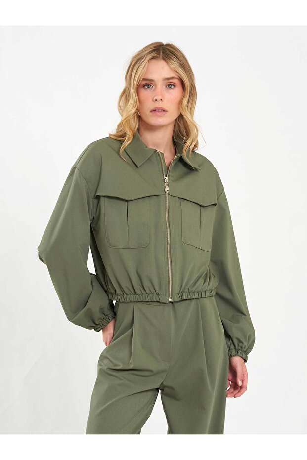 Women's Khaki Crop Bomber Jacket with Zipper Pockets, Elastic Waist, Long Sleeves, Plain