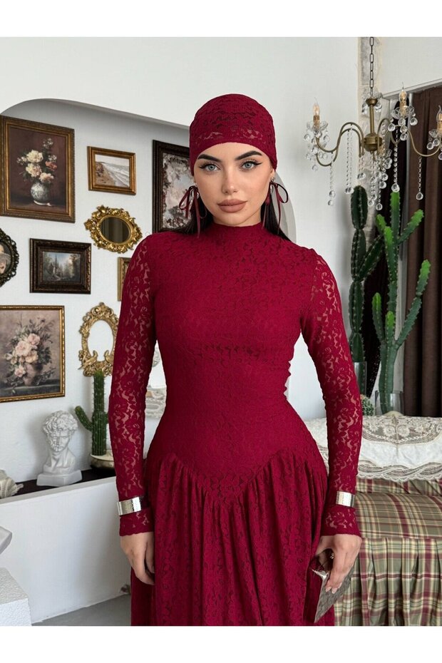 Women's Burgundy Lace Midi Dress High Neck Long Sleeve Gathered Flared Cut