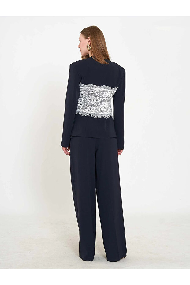 Women's Navy Blue Lace Detailed Corsage Look V-Neck Long Sleeve Fit Jacket