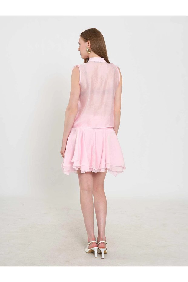 Women's Pink Mini Skirt with Ribbed Waist Detail, Layered, Flared, Summer Style