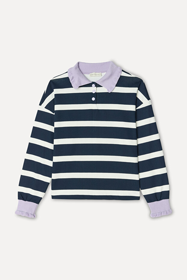 Women's Ecru Striped Loose Fit Polo Collar Sweatshirt