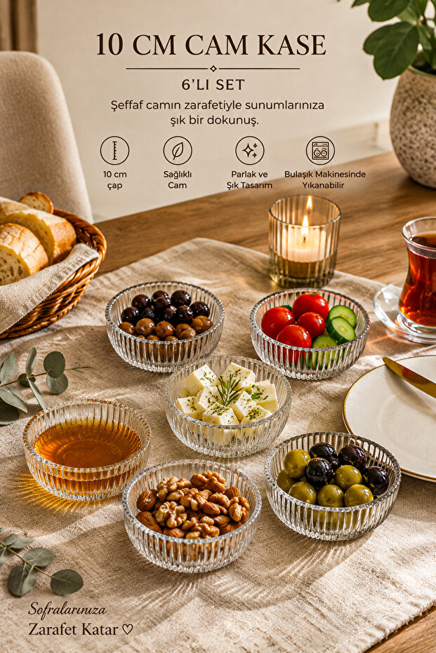 13877-2 Vanes 6-Piece Floren Glass Presentation Bowl 10 cm – Snack Bowl, Pudding and Breakfast Bowl Set