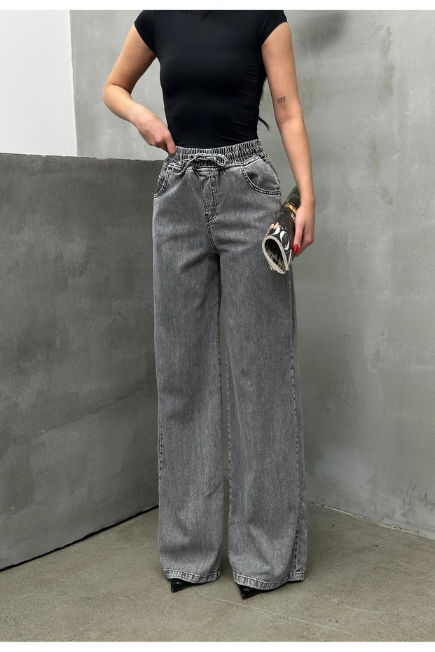 Women's Gray Palazzo Trousers Elastic Waist Lace-Up Wide Leg Pockets Denim