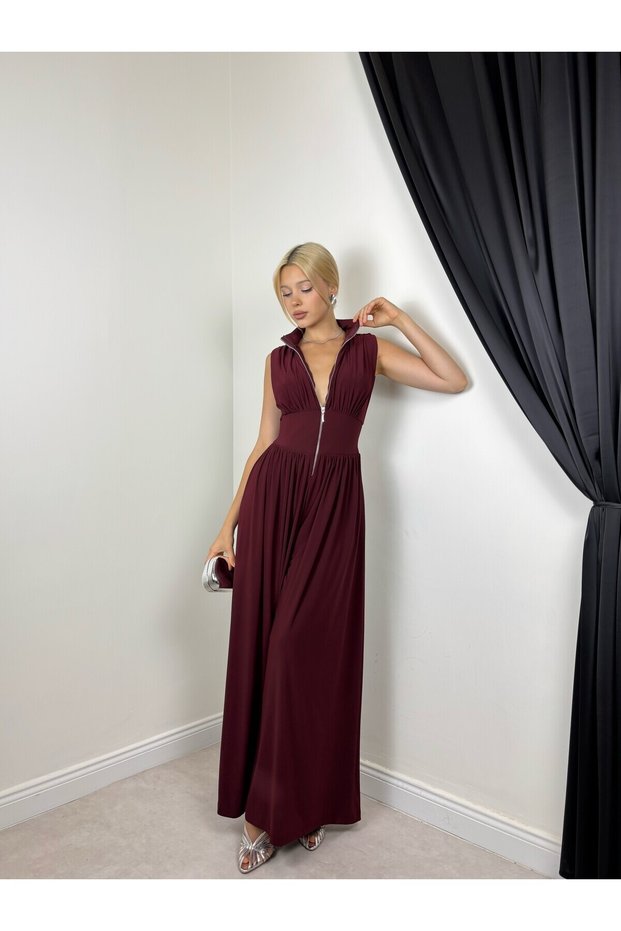 Women's Mürdüm Jumpsuit with High Collar, Zipper, Gathered Waist, Wide Legs, Long