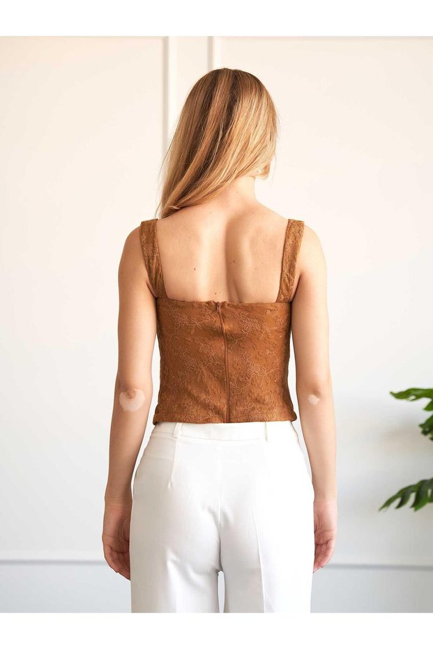 Women's Light Brown Bustier Strappy Heart Neckline Lace Textured Zipper Crop Top