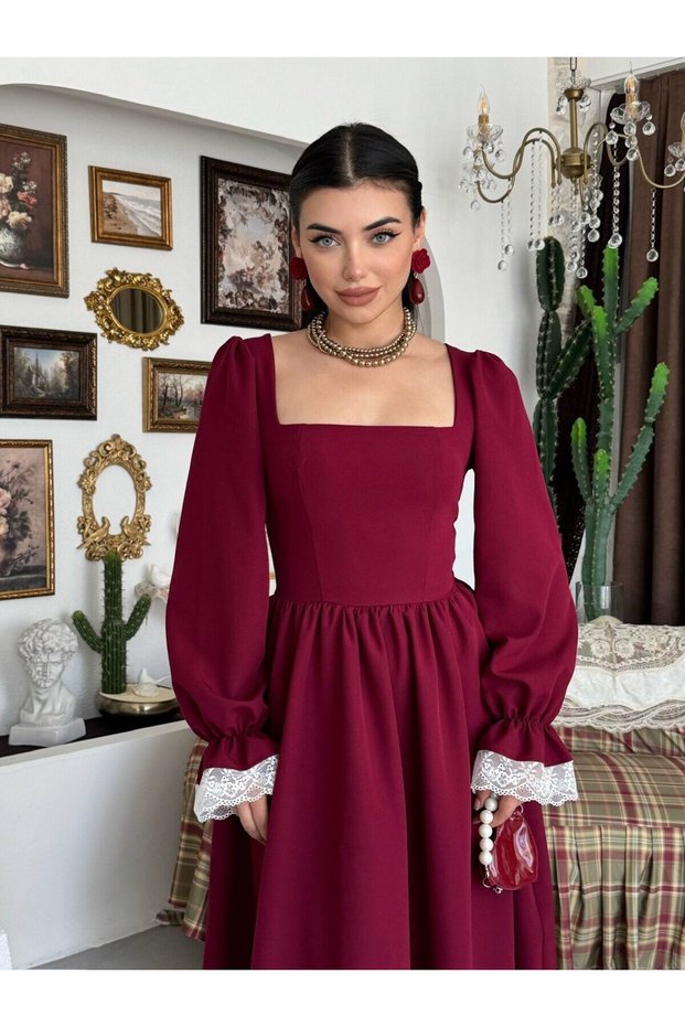 Women's Burgundy Midi Dress Square Neck Gathered Waist Lace Detailed Long Balloon Sleeves