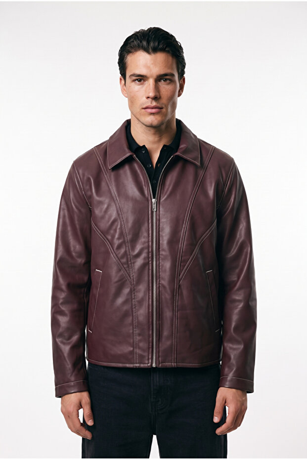 Men's Fur Lined Regular Fit Leather Jacket with Stitching Detail