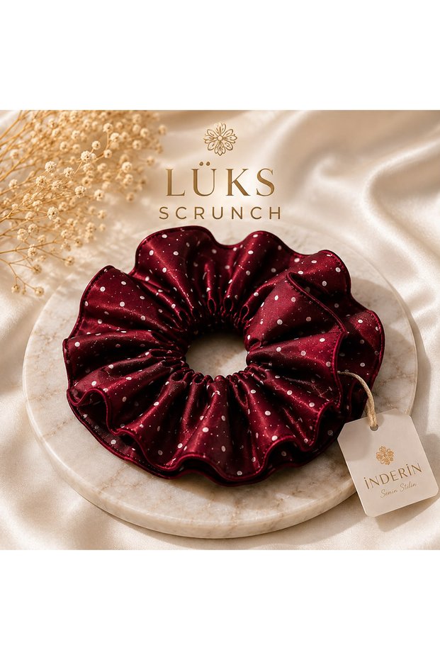 Luxury Oversized Satin Scrunchie Hair Tie – Patterned Burgundy Voluminous Rubber Hair Tie