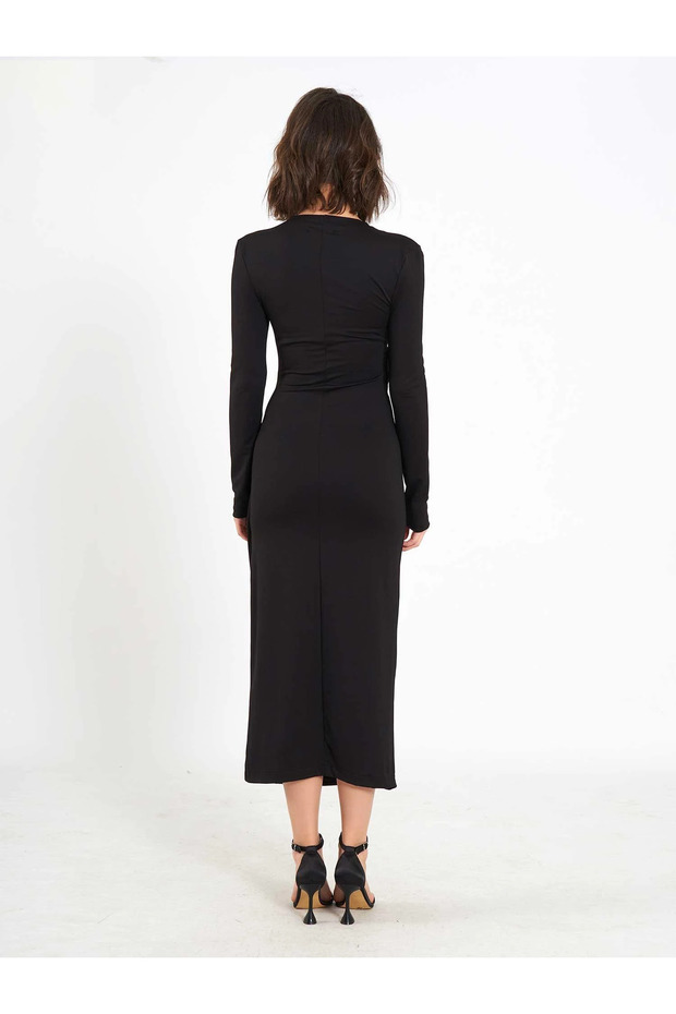 Women's Black Front Draped Accessory Detailed Slit Long Sleeve Midi Dress