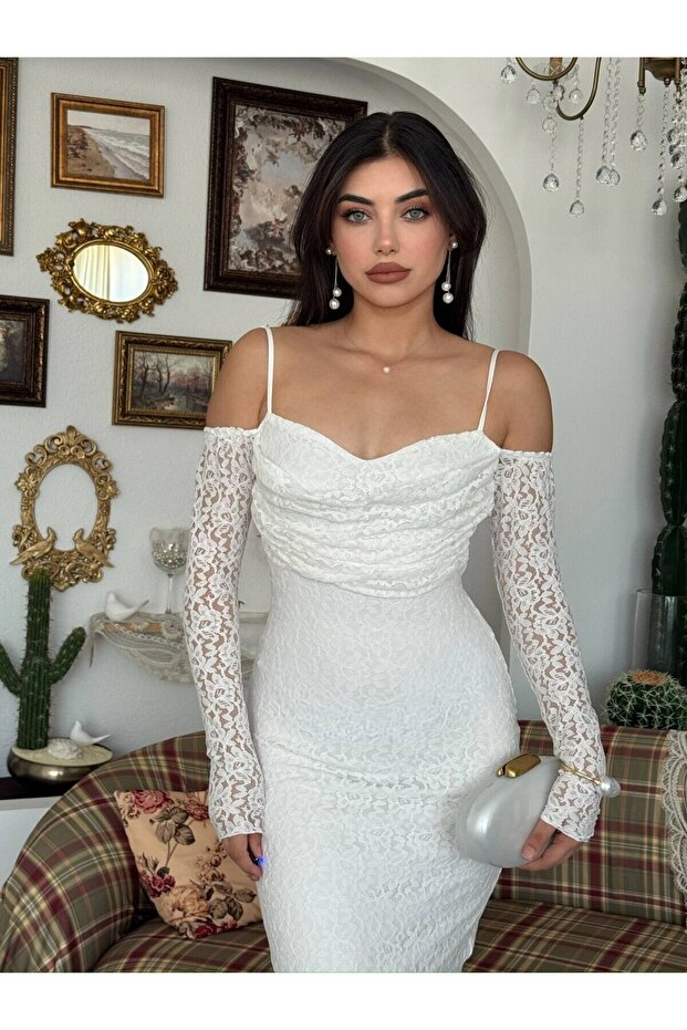 Women's White Lace Midi Dress Strappy Off Shoulder Long Sleeve Draped