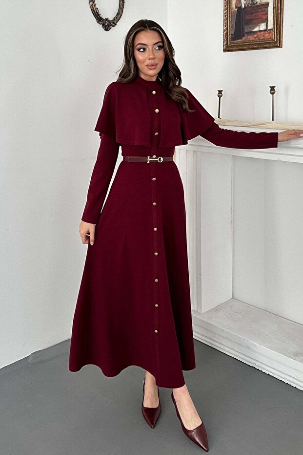 Women's Burgundy Cape Long Sleeve High Neck Buttoned Belted Maxi Dress