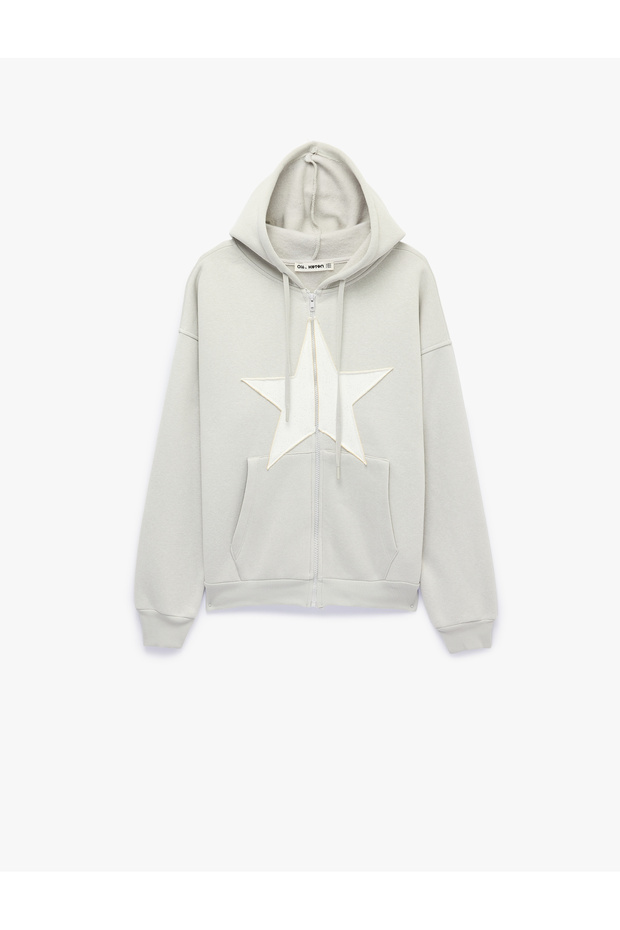 Three-Thread Embroidered Star Embellished Kangaroo Pocket Hooded Zippered Oversize Sweatshirt