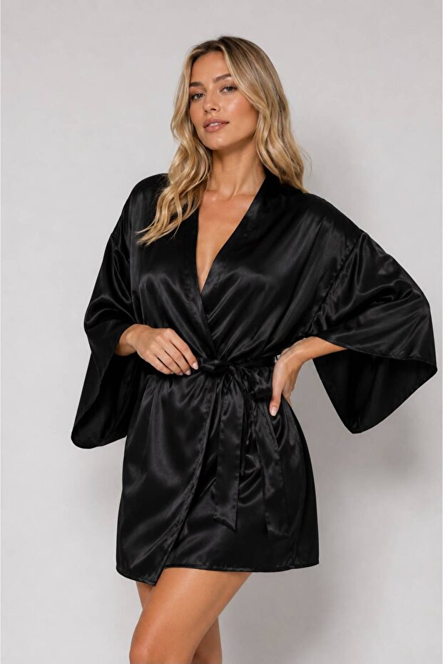 Black Belted Satin Woven Dressing Gown