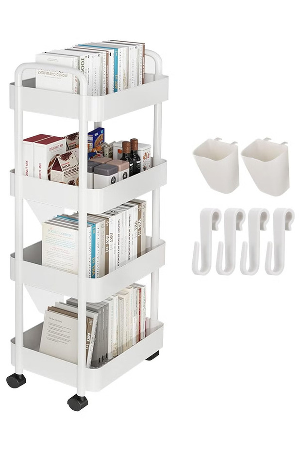4-Tier Rolling Utility Cart with Wheels, Detachable Utility Storage Cart with Handle and Lockable Casters, Multi-Functional Storage Trolley for Office, Kitchen,Bathroom(White, 4-Tier)