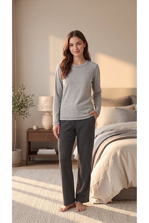 100% Cotton Long Sleeve Soft Textured Comfortable Cut Pajama Set 27406