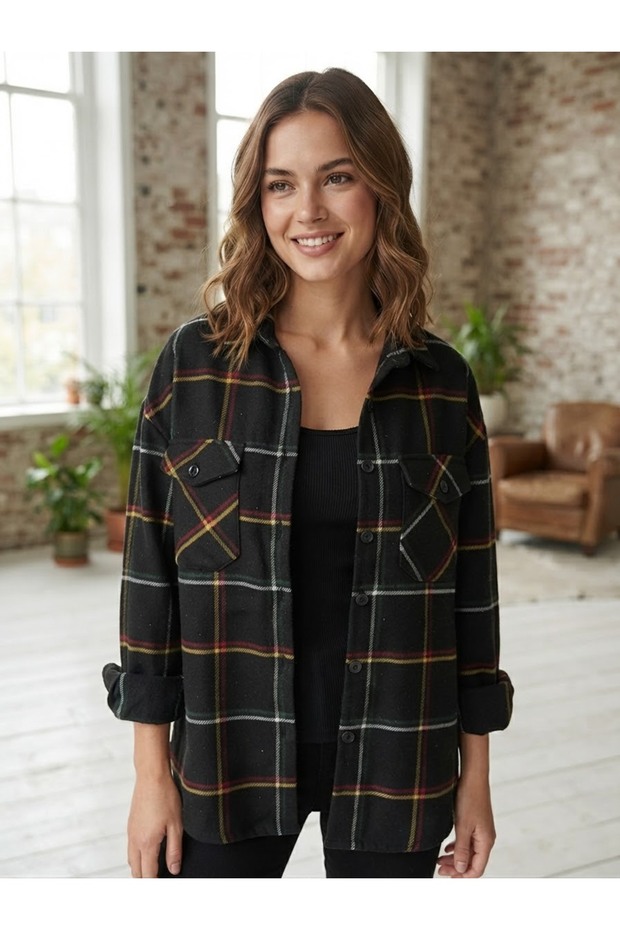 Women's Black Colored Red-Yellow Plaid Patterned Lumberjack Shirt