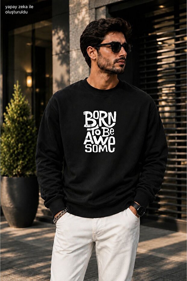 Men's Born to Be Awesome Printed Cycling Round Neck Casual Sweatshirt