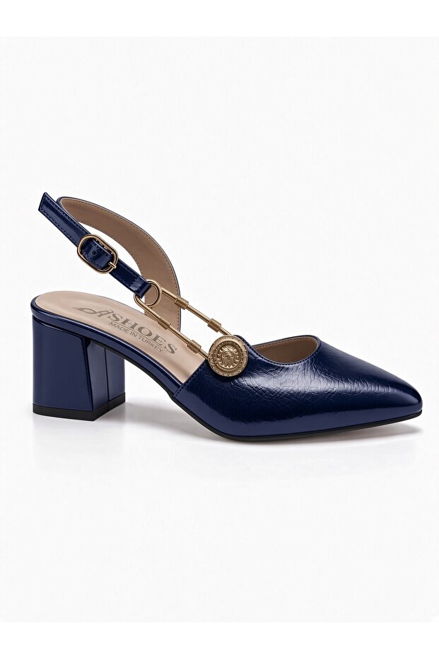 Women's Classic Buckle Pointed Toe Low Thick Heeled Shoes-Dark Blue