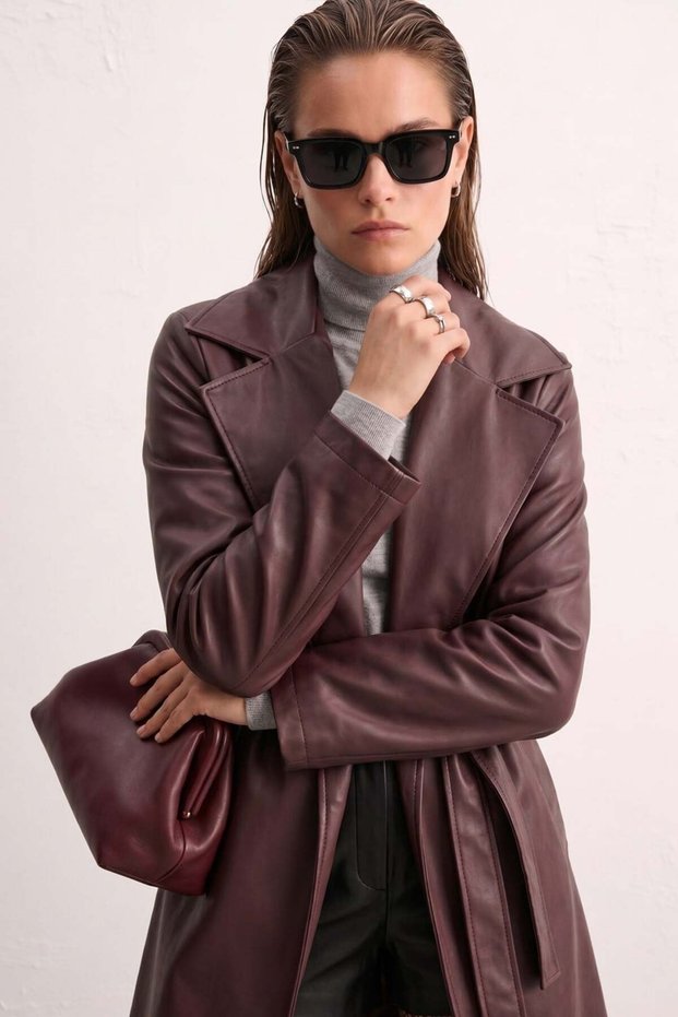 Women's Leather Look Trench Coat - Burgundy