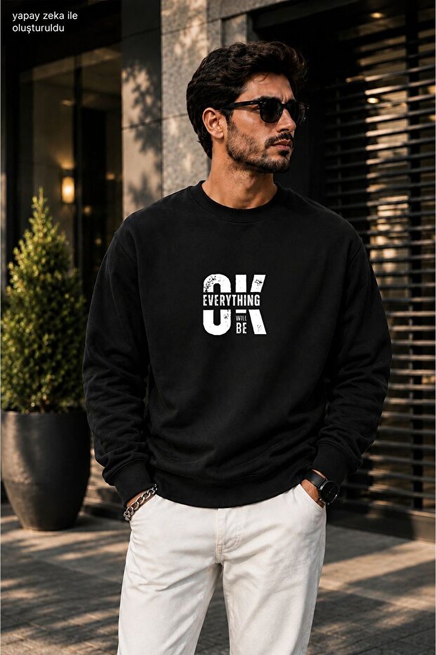 Men's Everything Will Be Ok Printed Cycling Round Neck Casual Sweatshirt