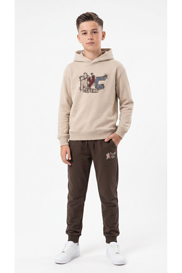 Nyc Legend Printed Hooded Top and Bottom Boys' Tracksuit Set