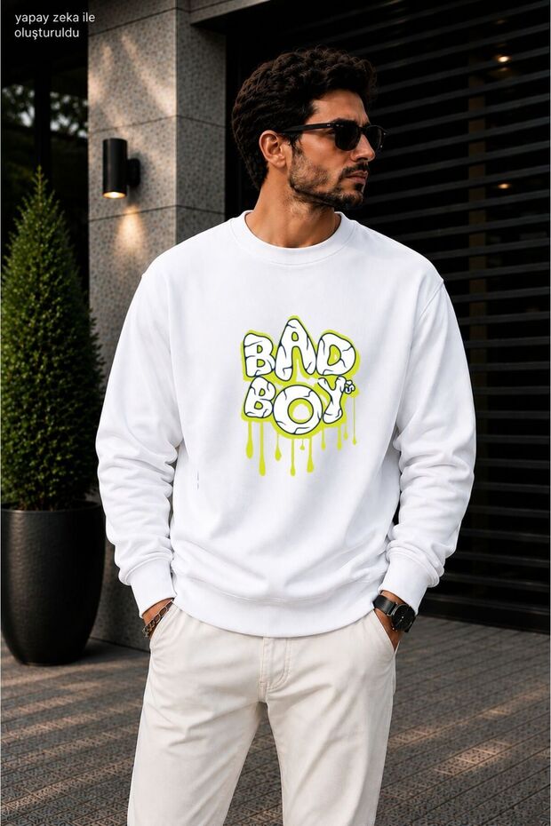 Men'Sbad Boy Graffiti Printed Cycling Round Neck Casual Sweatshirt