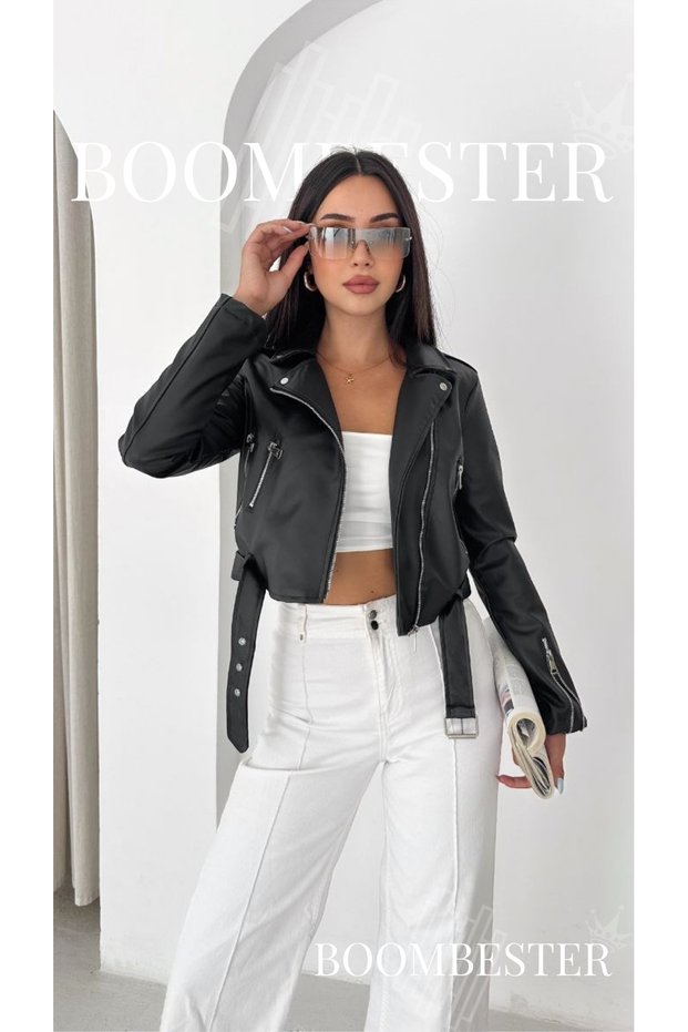 Women's Faux Leather Biker Coatpremium Quality Leather with Zippered Belt Detail