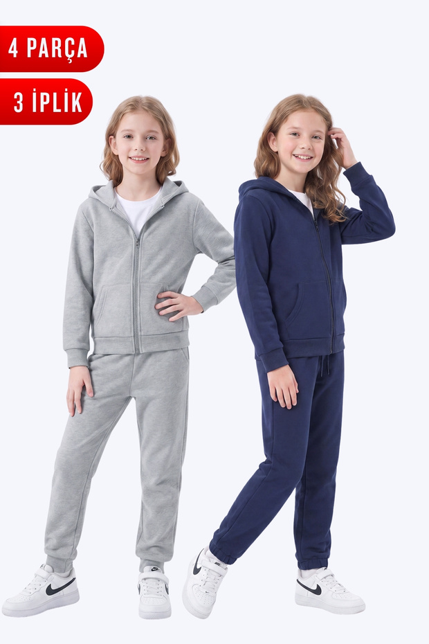 3 Thread Plain Girls' Zippered Hooded 2-Piece Tracksuit Set 4 Pieces