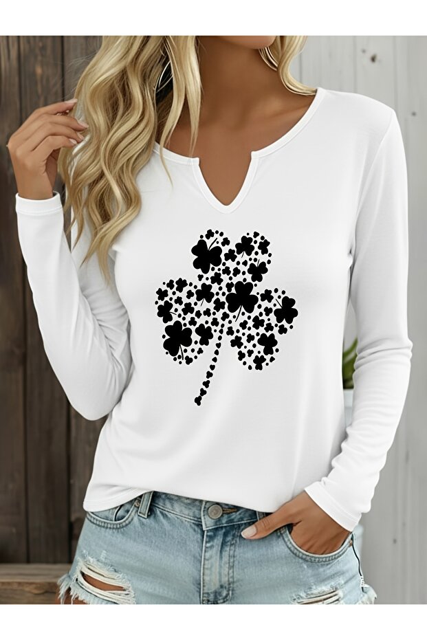 Printed Cotton Half V-Neck Long Sleeve Blouse T-Shirt