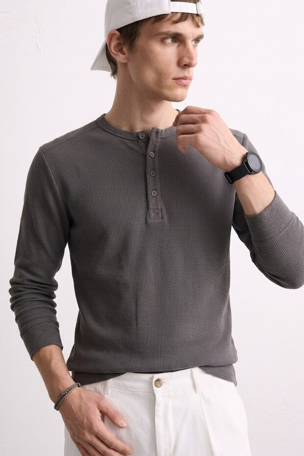Men's Collared Long Sleeve T-Shirt - Anthracite