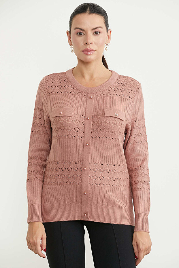 Perforated Motif Buttoned Knitwear Sweater - Rose