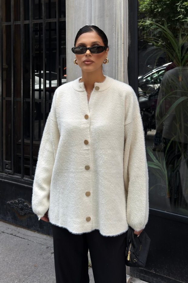 Women's Ecru Button Detailed Ultra Soft Premium Knitwear Cardigan