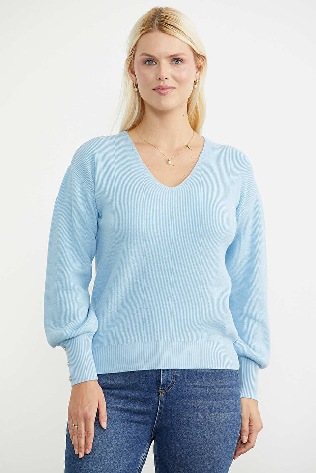 Princess Sleeve V-Neck Knit Sweater - Blue