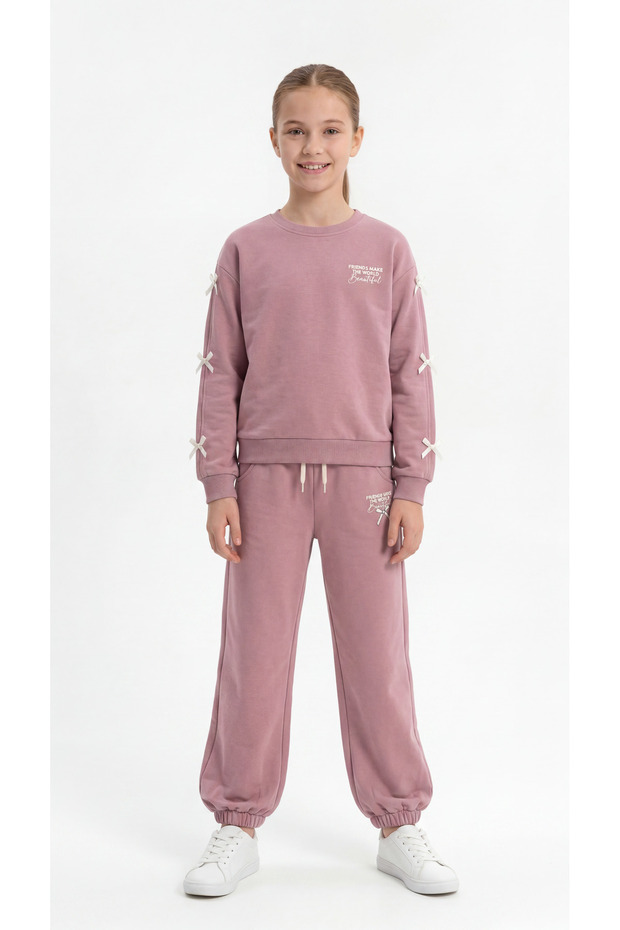 Friends Make the World Beautiful Printed Girls' Tracksuit Set with Bow and Elastic Cuffs