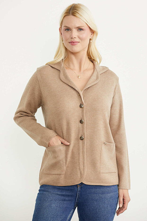 Oversize Pocketed Knitwear Jacket - Beige