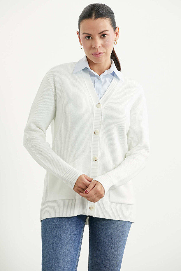 Ribbed Pocket Detailed Knitwear Cardigan - Bone