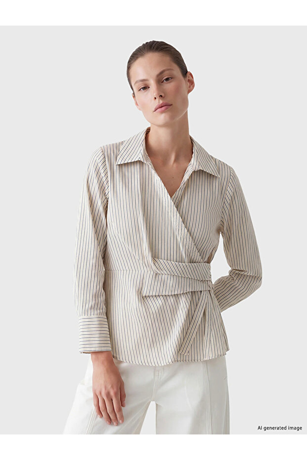 Ecru Double-Breasted Collar Tie-Back Striped Women's Shirt W6Q946B8