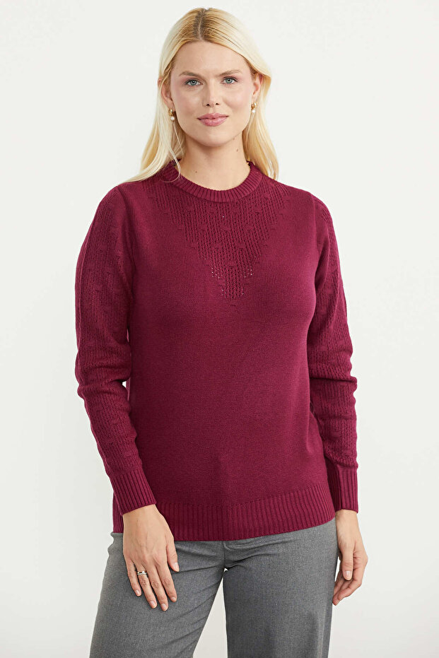 Crew Neck Motif Knitwear Sweater - Claret Red
