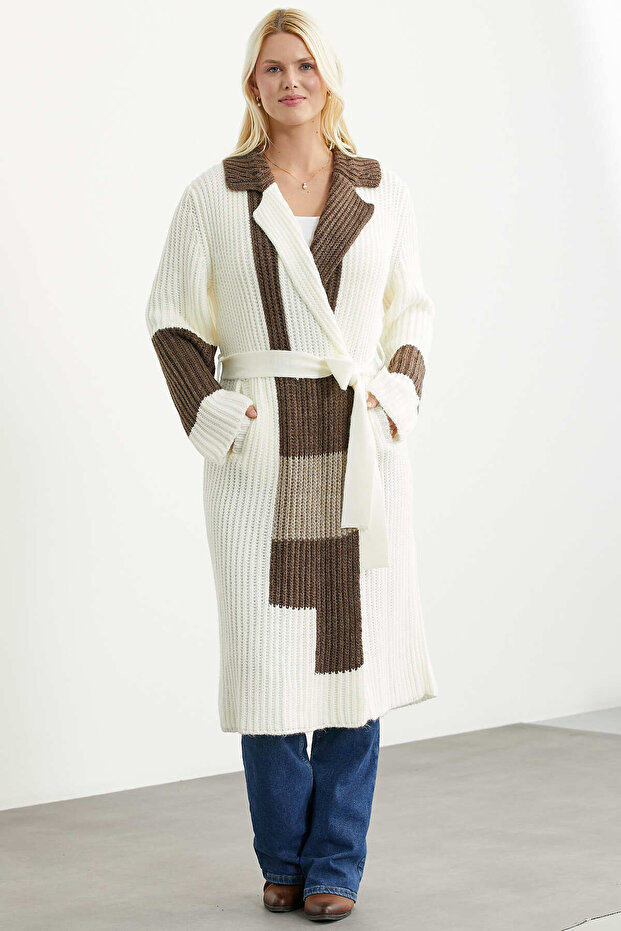 Belted Long Knit Cardigan - Bone